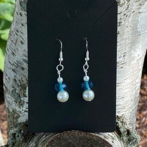 Womens drop sky blue crystal pearl earrings